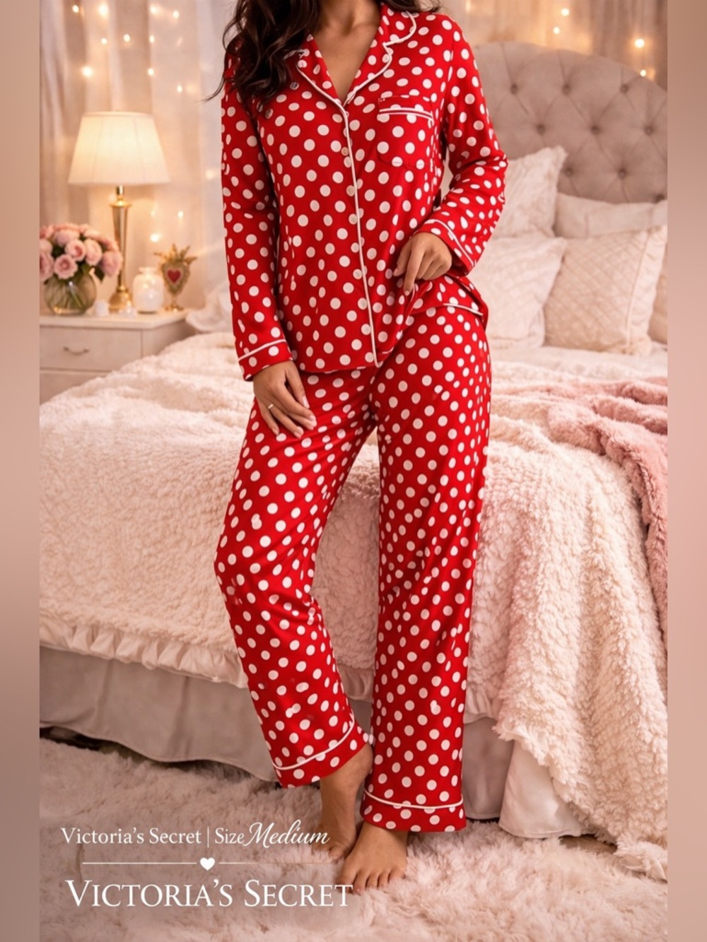 Victoria’s Secret Red Polka Dot Pajama Set M Medium Cozy Cute